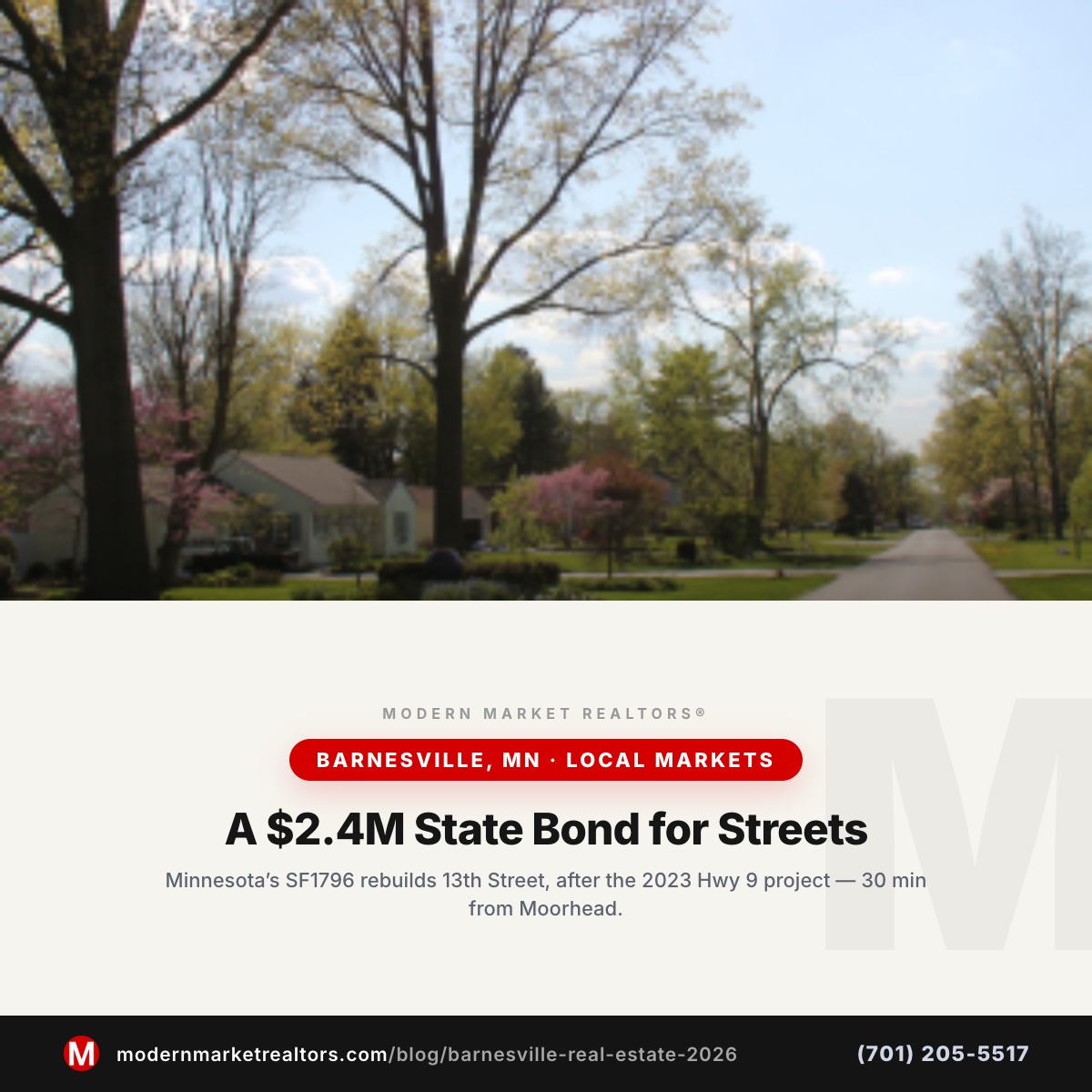 Modern Market REALTORS® Barnesville, MN real estate market brief — small town main street photo with brand card frame