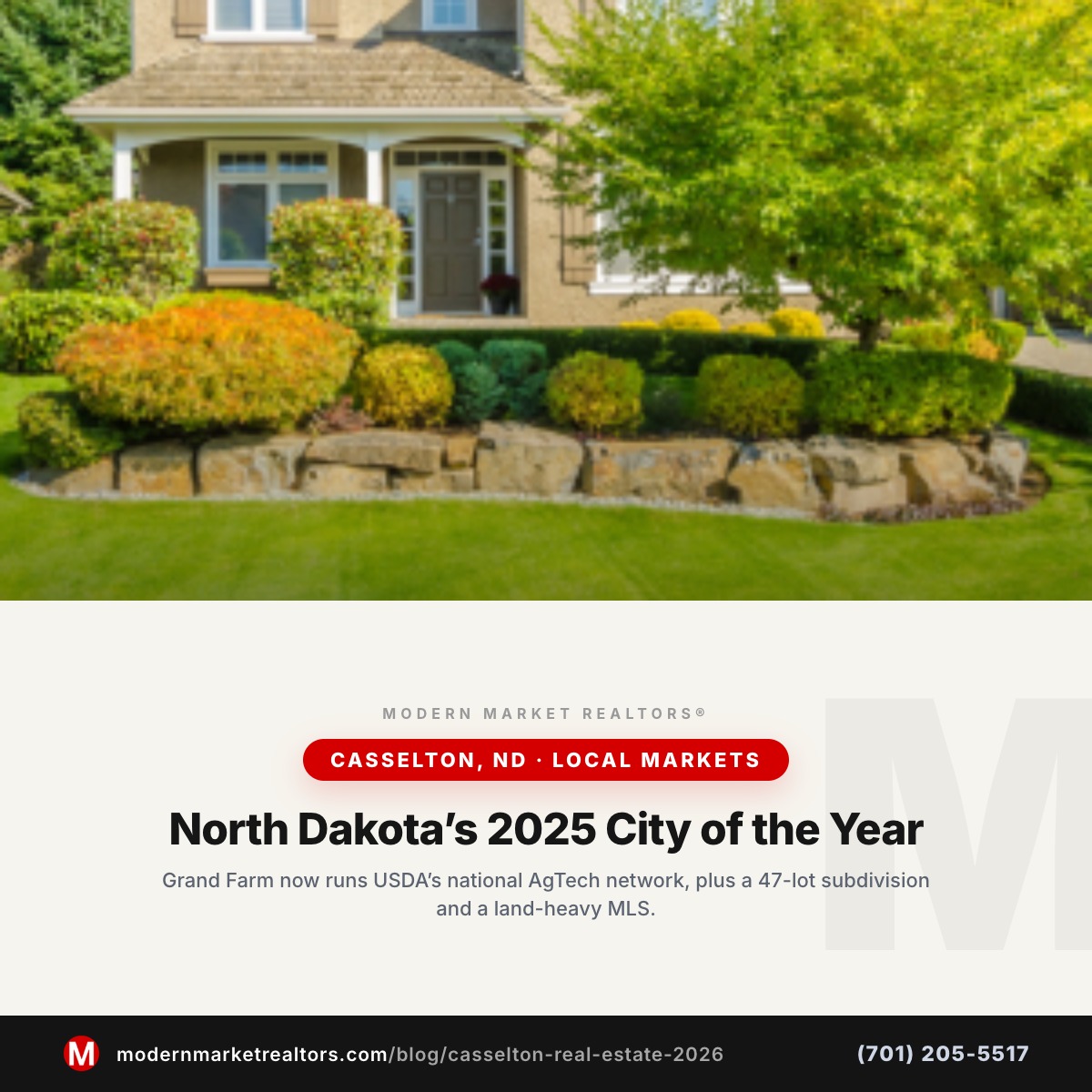 Modern Market REALTORS® Casselton, ND real estate market brief — small town main street photo with brand card frame