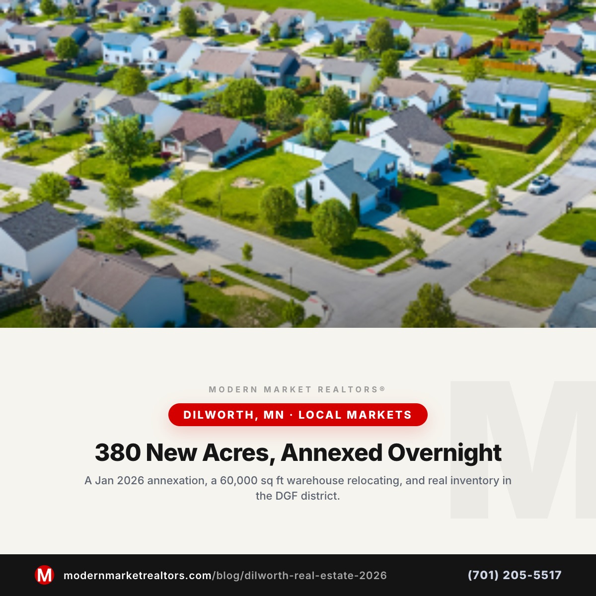 Modern Market REALTORS® Dilworth, MN real estate market brief — small town residential photo with brand card frame