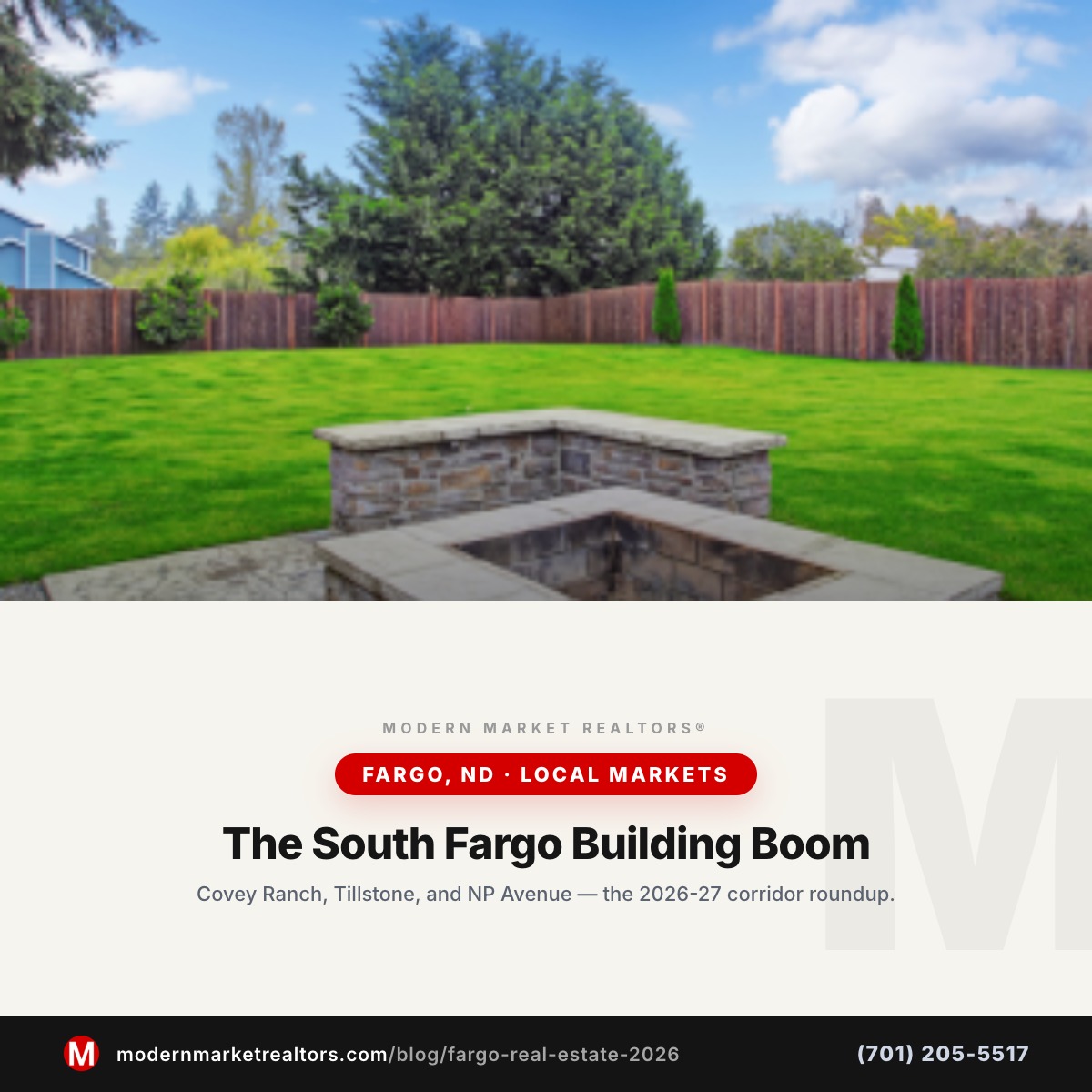 Modern Market REALTORS® Fargo, ND real estate market brief — backyard and landscape photo with brand card frame