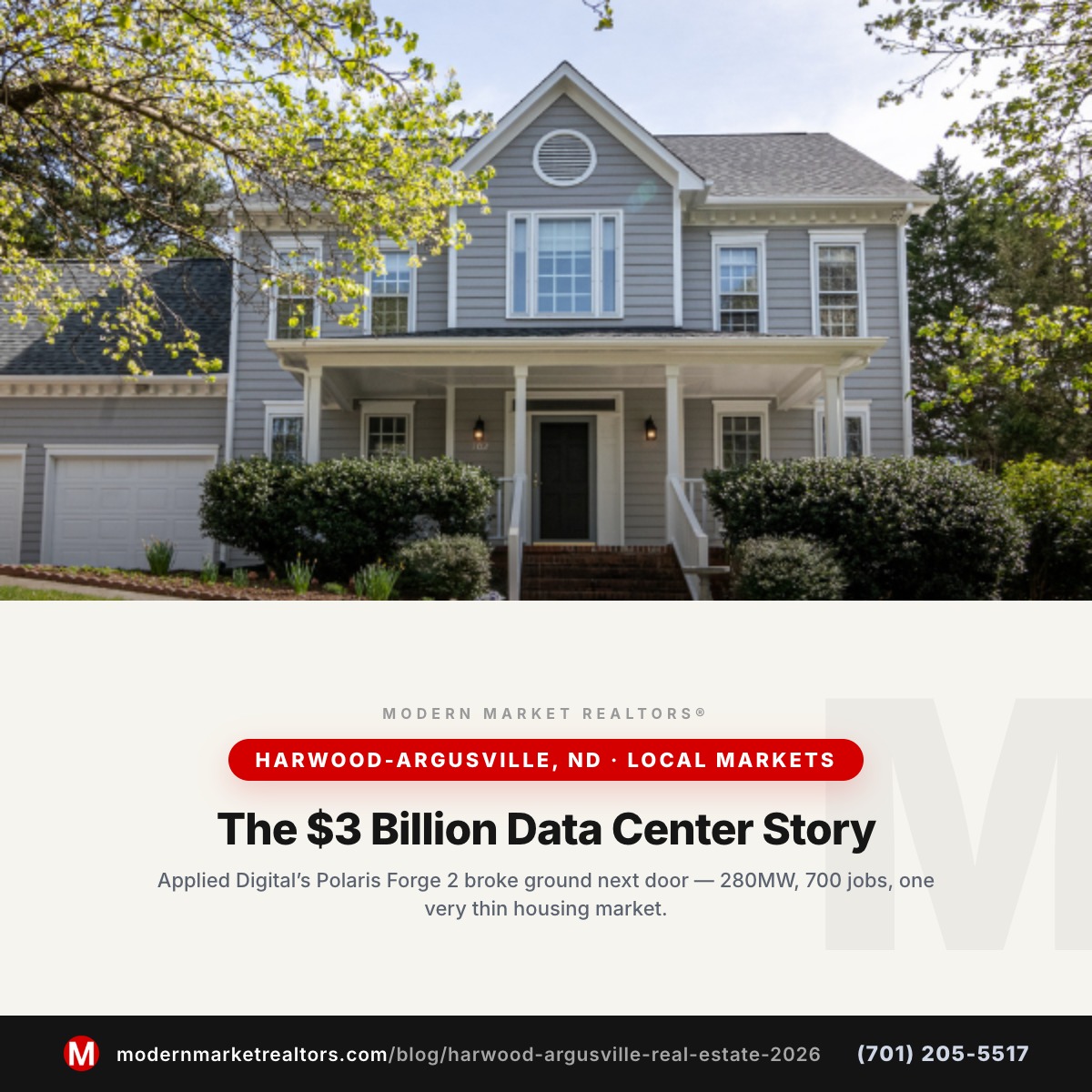 Modern Market REALTORS® Harwood-Argusville, ND real estate market brief — rural residential and landscape photo with brand card frame
