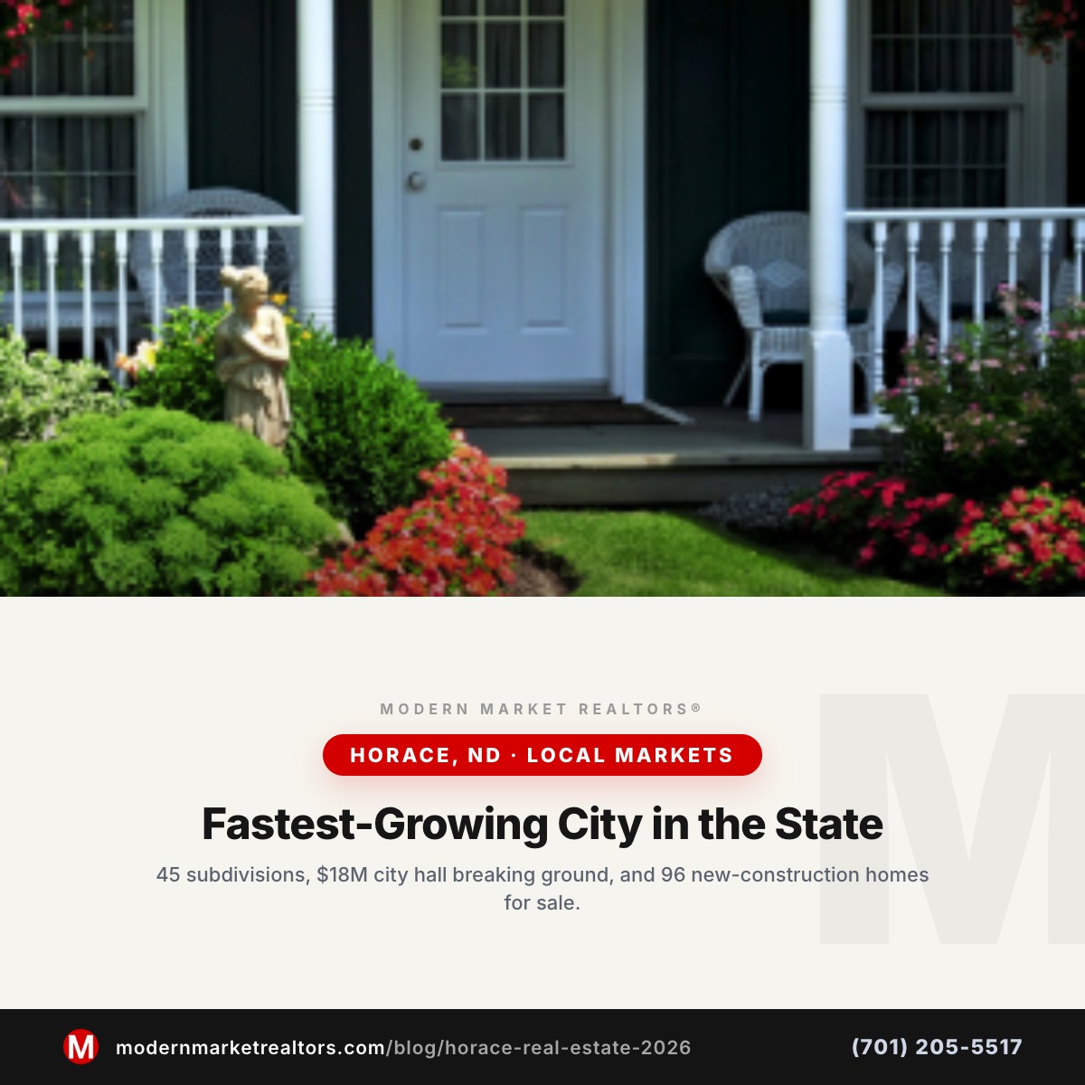 Modern Market REALTORS® Horace, ND real estate market brief — front porch and landscape photo with brand card frame