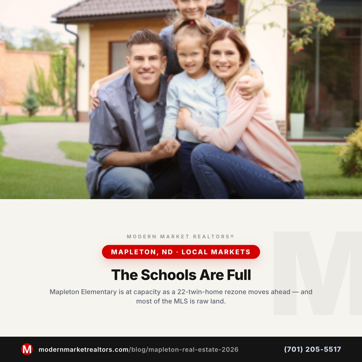 Modern Market REALTORS® Mapleton, ND real estate market brief — small town residential photo with brand card frame