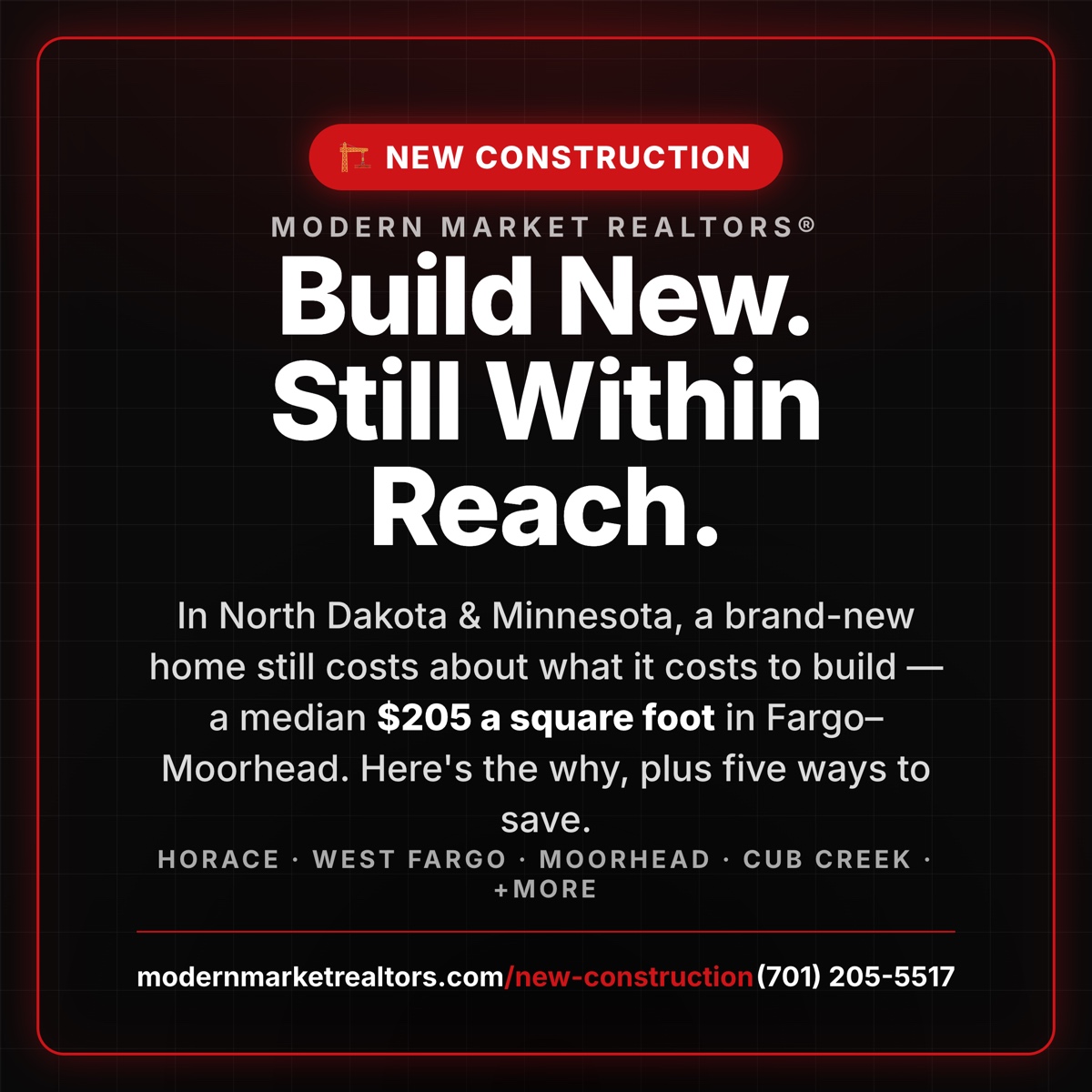 Modern Market REALTORS® — new construction in North Dakota & Minnesota: build new, still within reach, at a median $205 a square foot in Fargo-Moorhead