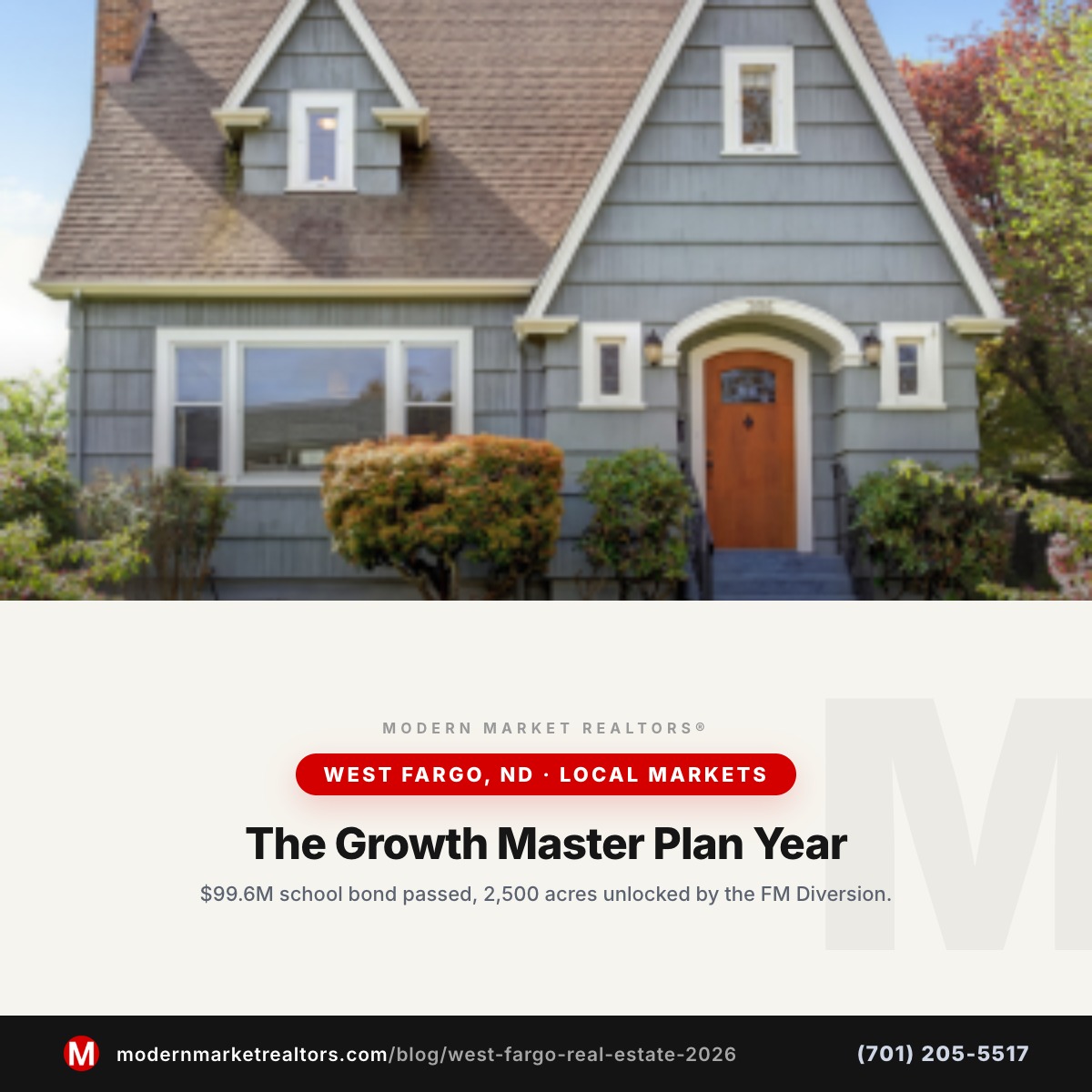 Modern Market REALTORS® West Fargo, ND real estate market brief — residential photo with brand card frame