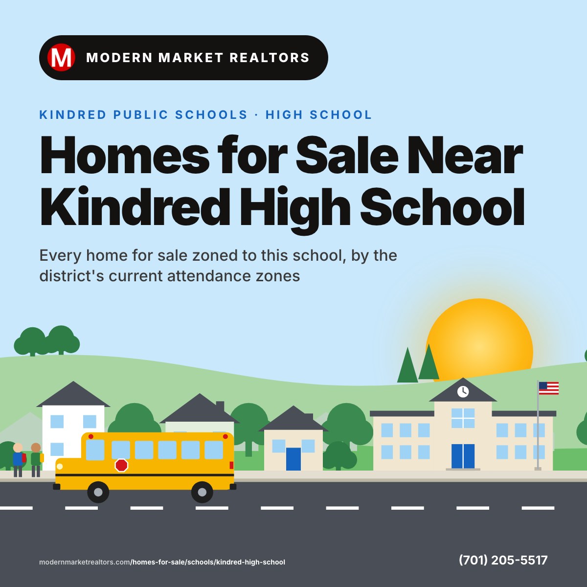 Homes for Sale Near Kindred High School card: a neighborhood street with a school, its flag and a yellow school bus stopped for kids, Kindred Public Schools