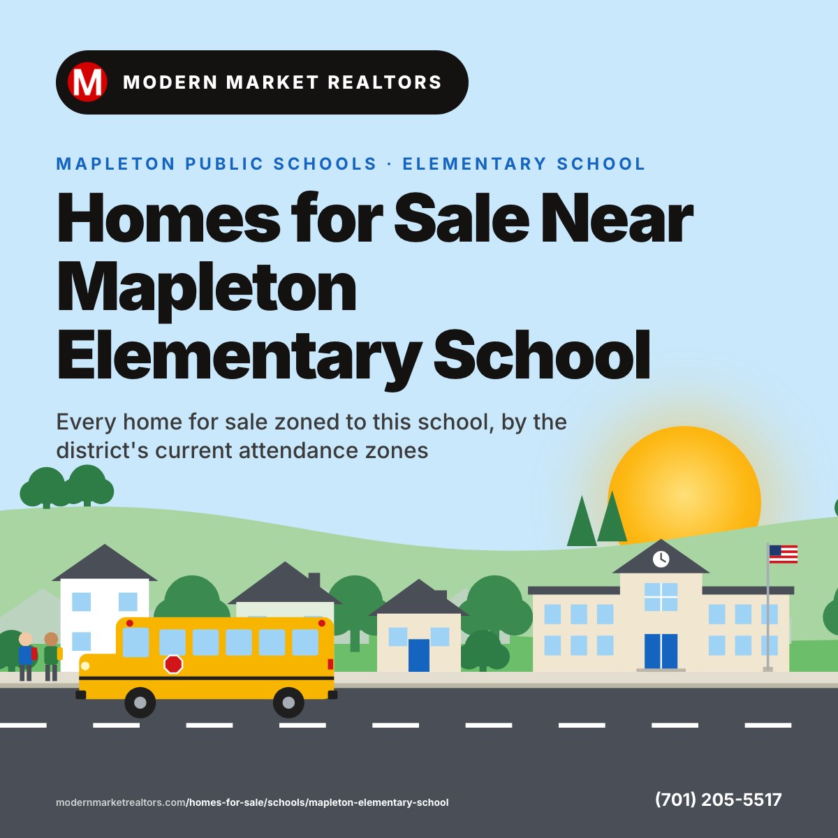 Homes for Sale Near Mapleton Elementary School card: a neighborhood street with a school, its flag and a yellow school bus stopped for kids, Mapleton Public Schools